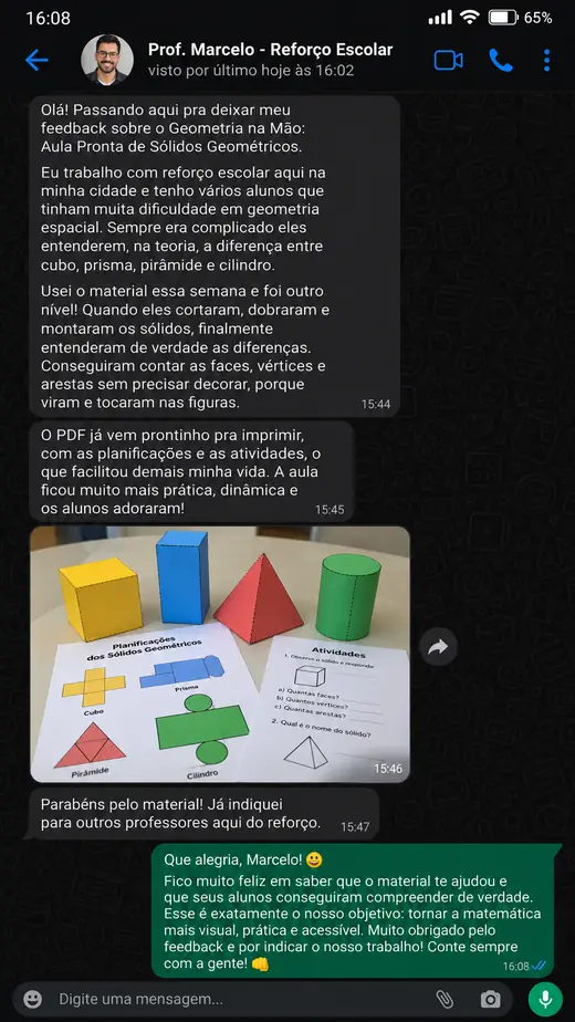 Print de WhatsApp com depoimento sobre a aula de sólidos geométricos